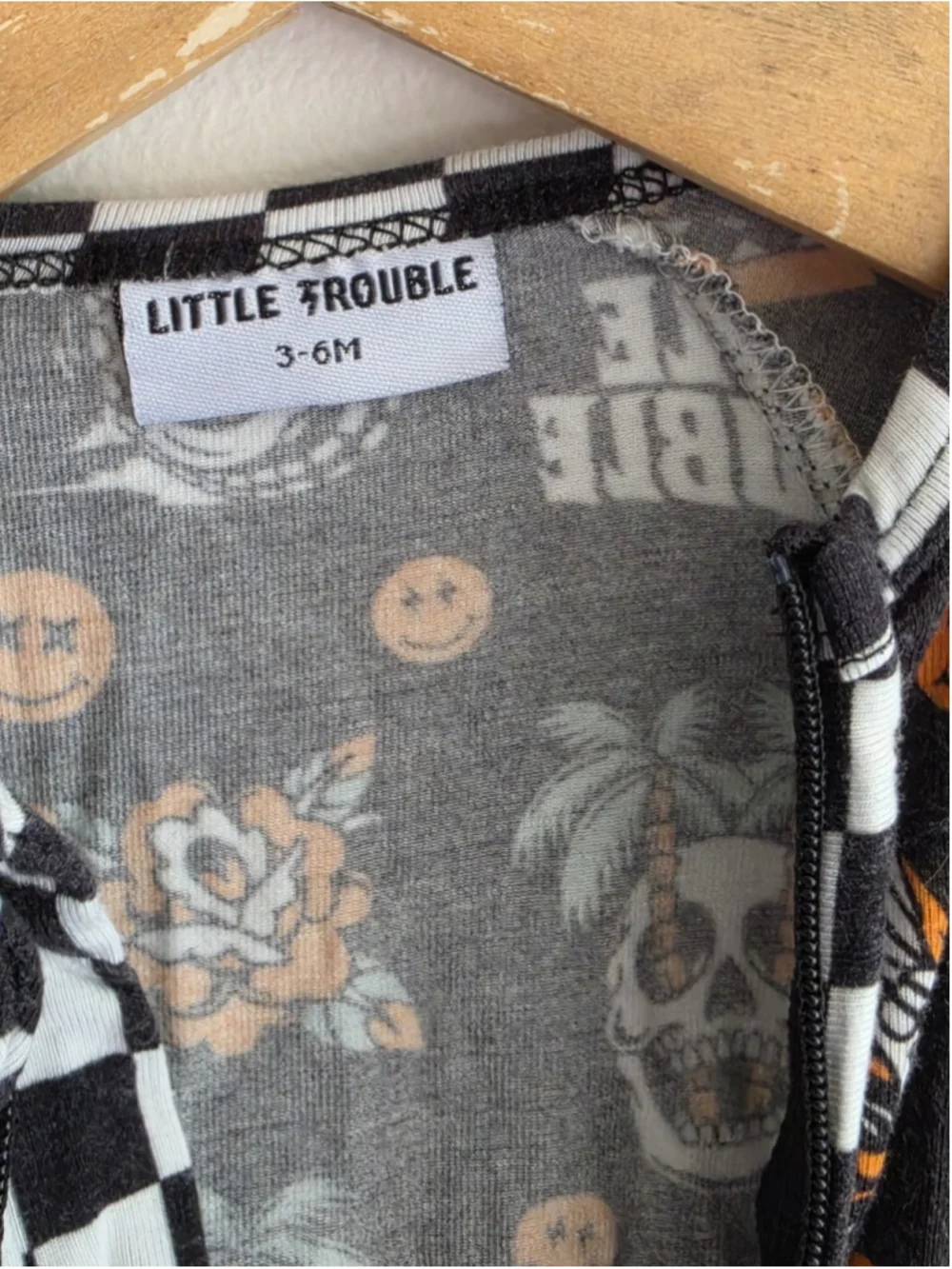 Little Trouble Skull Checkered Bamboo Viscose Zipper Pajamas Romper Sleeper